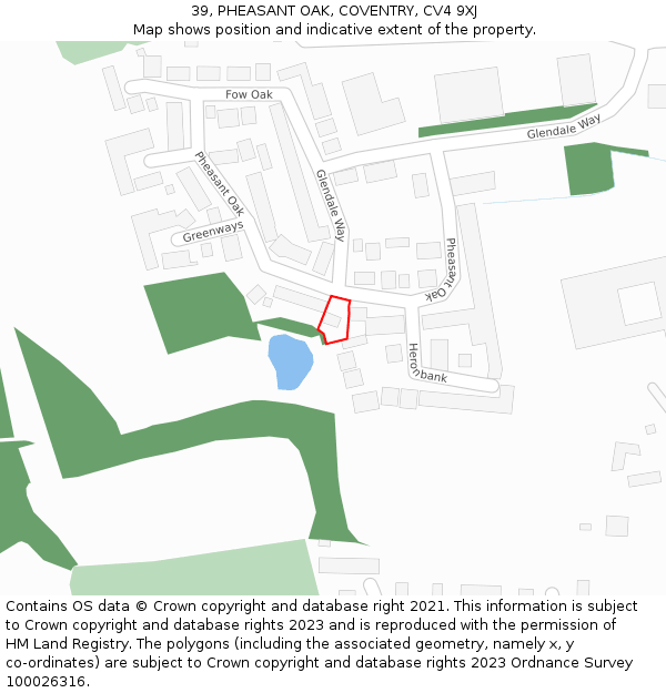 39, PHEASANT OAK, COVENTRY, CV4 9XJ: Location map and indicative extent of plot