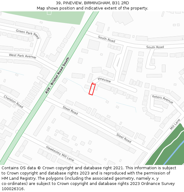 39, PINEVIEW, BIRMINGHAM, B31 2RD: Location map and indicative extent of plot