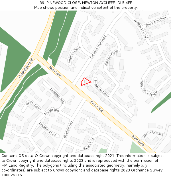 39, PINEWOOD CLOSE, NEWTON AYCLIFFE, DL5 4FE: Location map and indicative extent of plot