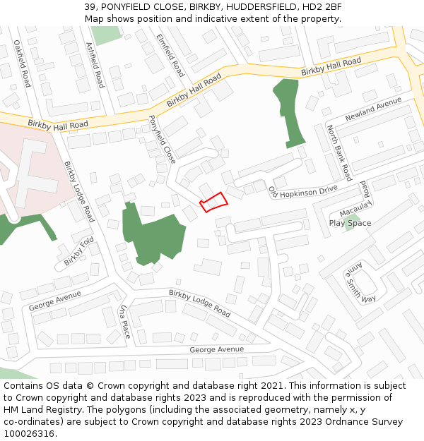 39, PONYFIELD CLOSE, BIRKBY, HUDDERSFIELD, HD2 2BF: Location map and indicative extent of plot