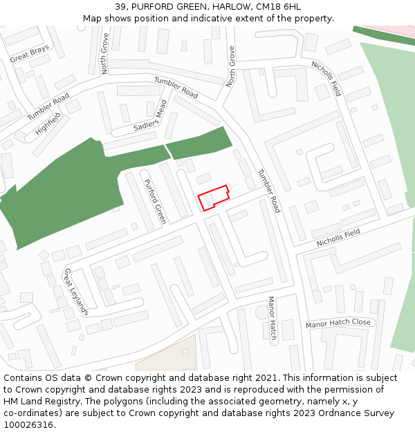 39, PURFORD GREEN, HARLOW, CM18 6HL: Location map and indicative extent of plot