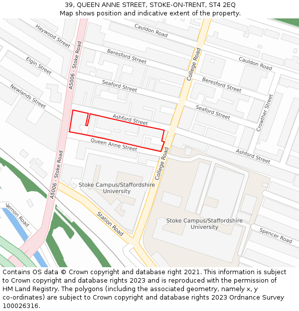 39, QUEEN ANNE STREET, STOKE-ON-TRENT, ST4 2EQ: Location map and indicative extent of plot