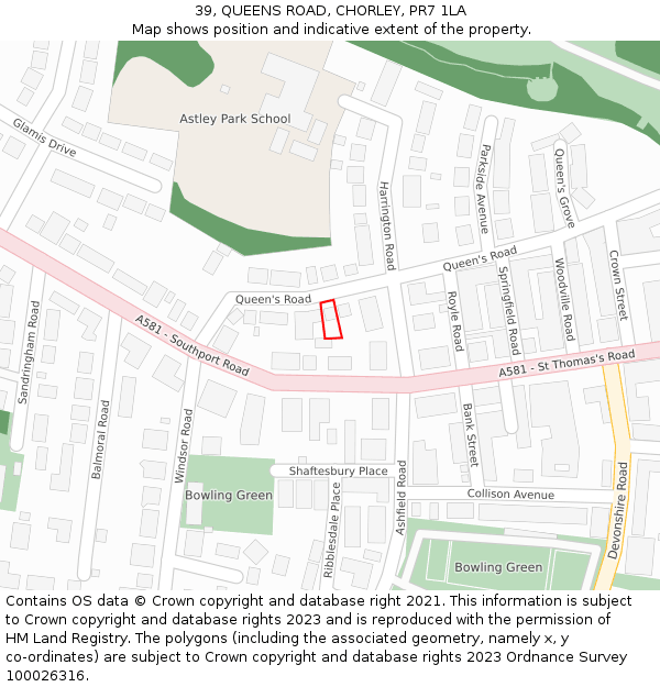 39, QUEENS ROAD, CHORLEY, PR7 1LA: Location map and indicative extent of plot