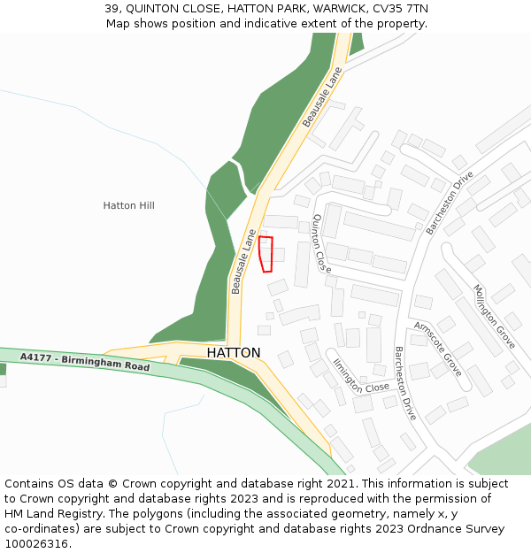 39, QUINTON CLOSE, HATTON PARK, WARWICK, CV35 7TN: Location map and indicative extent of plot