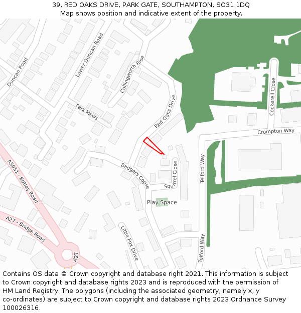 39, RED OAKS DRIVE, PARK GATE, SOUTHAMPTON, SO31 1DQ: Location map and indicative extent of plot