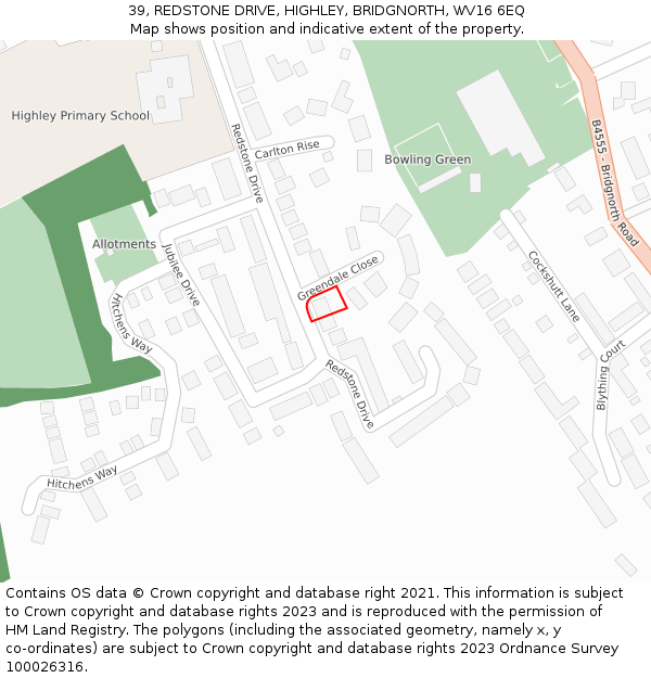 39, REDSTONE DRIVE, HIGHLEY, BRIDGNORTH, WV16 6EQ: Location map and indicative extent of plot