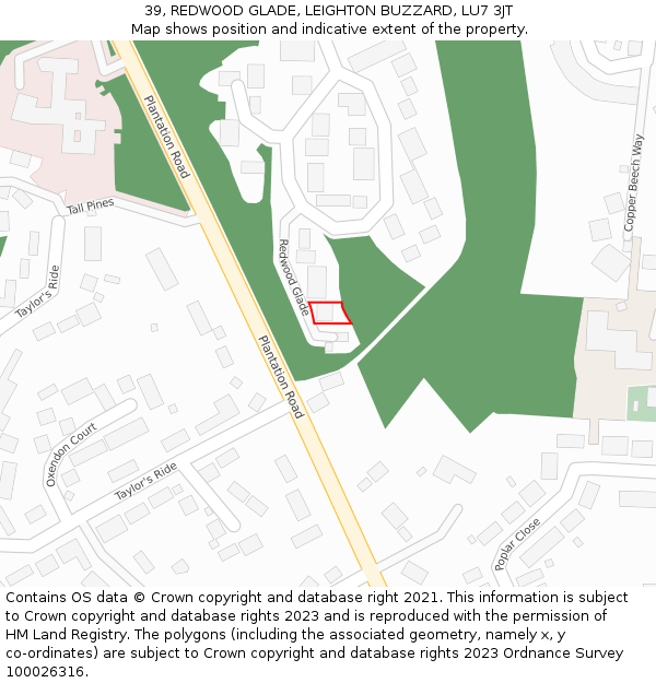 39, REDWOOD GLADE, LEIGHTON BUZZARD, LU7 3JT: Location map and indicative extent of plot