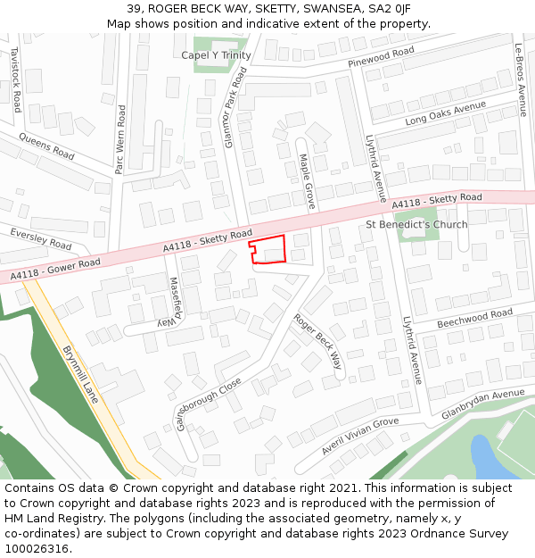 39, ROGER BECK WAY, SKETTY, SWANSEA, SA2 0JF: Location map and indicative extent of plot