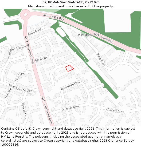 39, ROMAN WAY, WANTAGE, OX12 9YF: Location map and indicative extent of plot