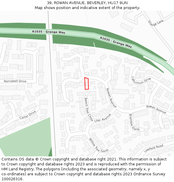 39, ROWAN AVENUE, BEVERLEY, HU17 9UN: Location map and indicative extent of plot