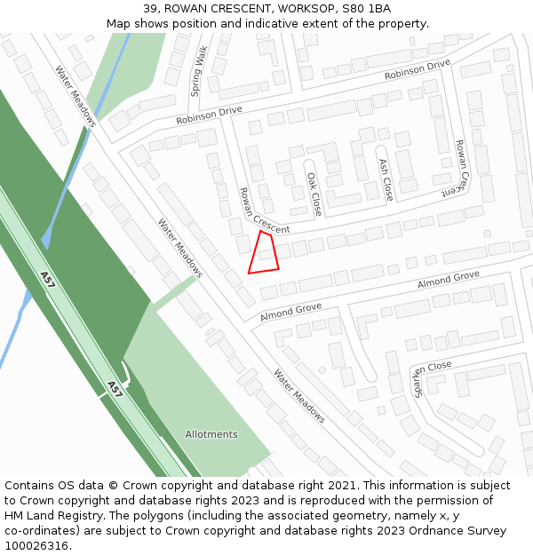 39, ROWAN CRESCENT, WORKSOP, S80 1BA: Location map and indicative extent of plot