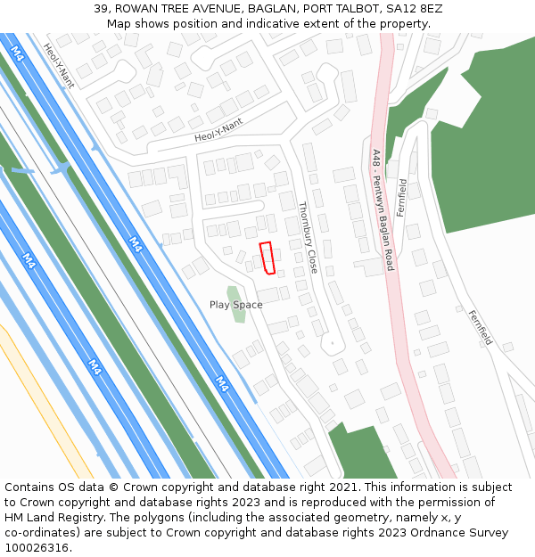 39, ROWAN TREE AVENUE, BAGLAN, PORT TALBOT, SA12 8EZ: Location map and indicative extent of plot