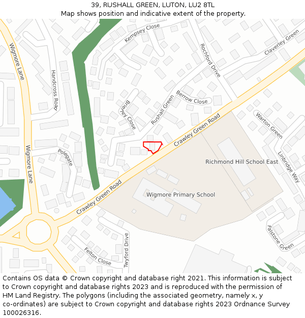 39, RUSHALL GREEN, LUTON, LU2 8TL: Location map and indicative extent of plot