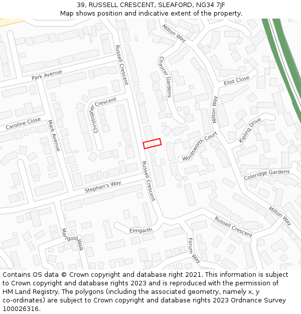 39, RUSSELL CRESCENT, SLEAFORD, NG34 7JF: Location map and indicative extent of plot