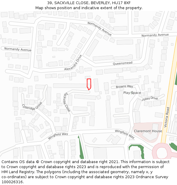 39, SACKVILLE CLOSE, BEVERLEY, HU17 8XF: Location map and indicative extent of plot