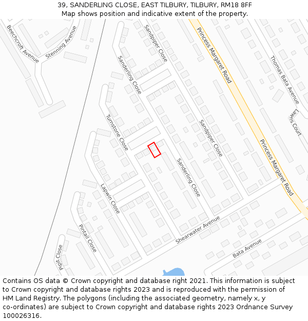 39, SANDERLING CLOSE, EAST TILBURY, TILBURY, RM18 8FF: Location map and indicative extent of plot