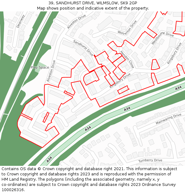 39, SANDHURST DRIVE, WILMSLOW, SK9 2GP: Location map and indicative extent of plot