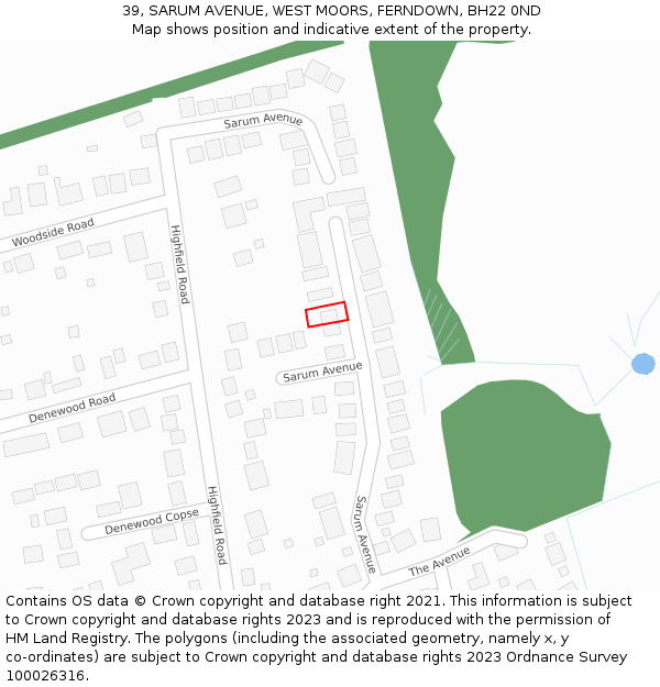 39, SARUM AVENUE, WEST MOORS, FERNDOWN, BH22 0ND: Location map and indicative extent of plot