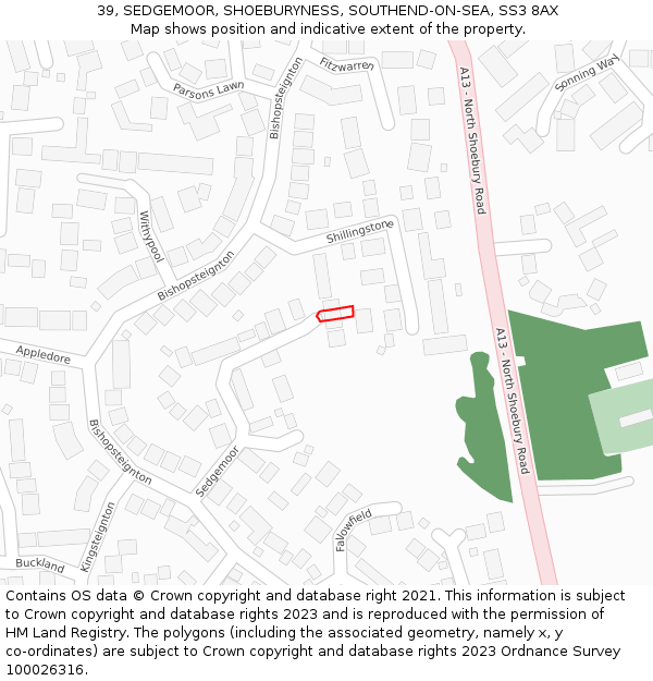 39, SEDGEMOOR, SHOEBURYNESS, SOUTHEND-ON-SEA, SS3 8AX: Location map and indicative extent of plot