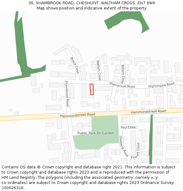 39, SHAMBROOK ROAD, CHESHUNT, WALTHAM CROSS, EN7 6WA: Location map and indicative extent of plot