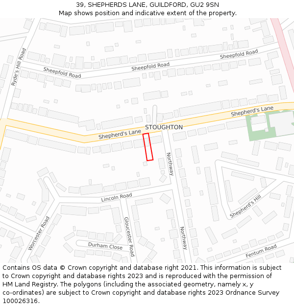 39, SHEPHERDS LANE, GUILDFORD, GU2 9SN: Location map and indicative extent of plot