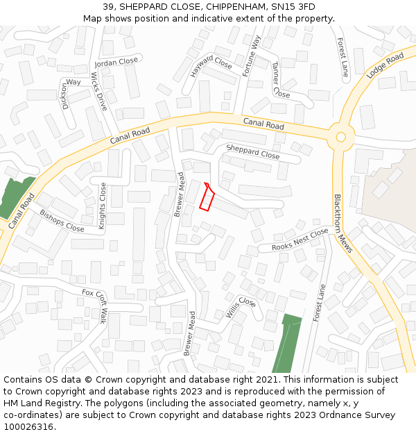 39, SHEPPARD CLOSE, CHIPPENHAM, SN15 3FD: Location map and indicative extent of plot