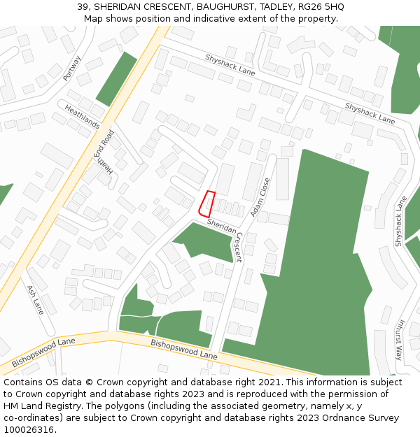 39, SHERIDAN CRESCENT, BAUGHURST, TADLEY, RG26 5HQ: Location map and indicative extent of plot