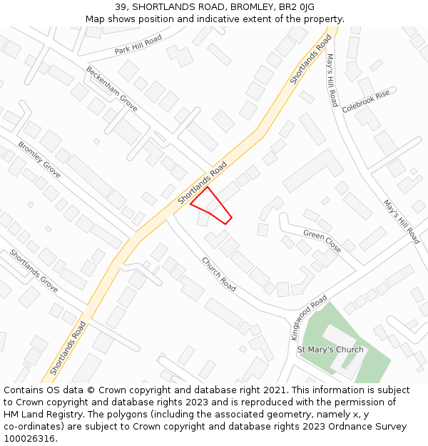 39, SHORTLANDS ROAD, BROMLEY, BR2 0JG: Location map and indicative extent of plot