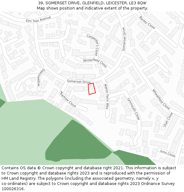 39, SOMERSET DRIVE, GLENFIELD, LEICESTER, LE3 8QW: Location map and indicative extent of plot