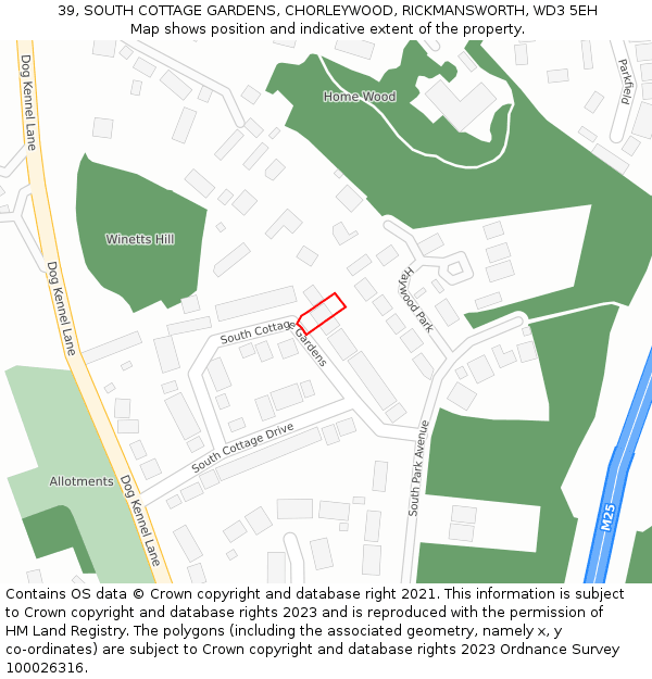 39, SOUTH COTTAGE GARDENS, CHORLEYWOOD, RICKMANSWORTH, WD3 5EH: Location map and indicative extent of plot