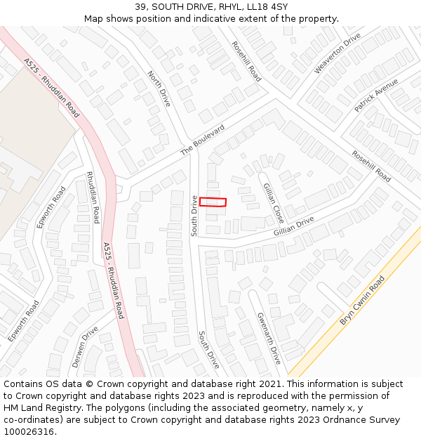 39, SOUTH DRIVE, RHYL, LL18 4SY: Location map and indicative extent of plot