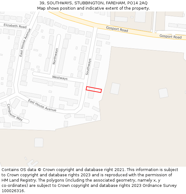 39, SOUTHWAYS, STUBBINGTON, FAREHAM, PO14 2AQ: Location map and indicative extent of plot