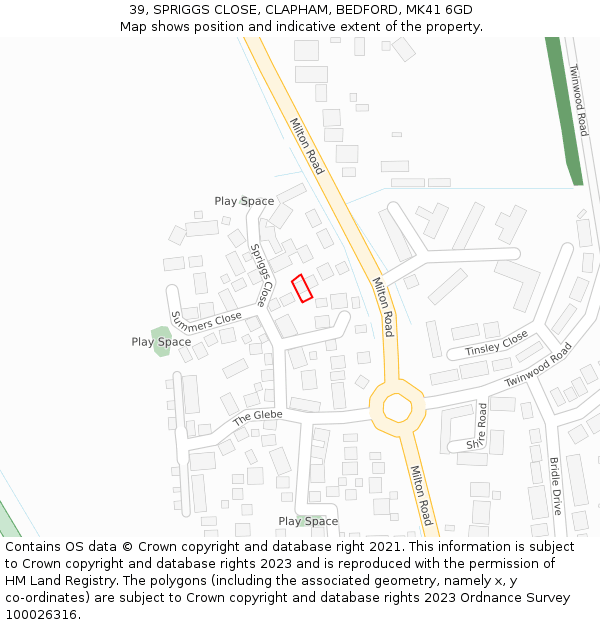 39, SPRIGGS CLOSE, CLAPHAM, BEDFORD, MK41 6GD: Location map and indicative extent of plot