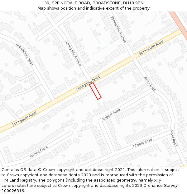 39, SPRINGDALE ROAD, BROADSTONE, BH18 9BN: Location map and indicative extent of plot