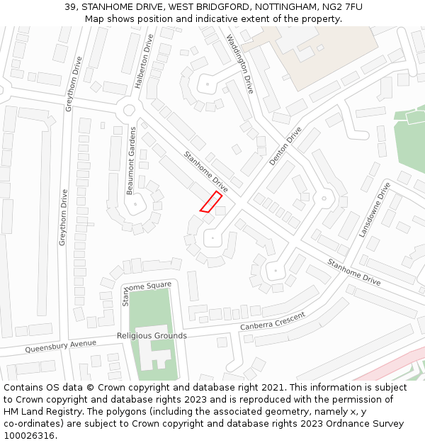 39, STANHOME DRIVE, WEST BRIDGFORD, NOTTINGHAM, NG2 7FU: Location map and indicative extent of plot