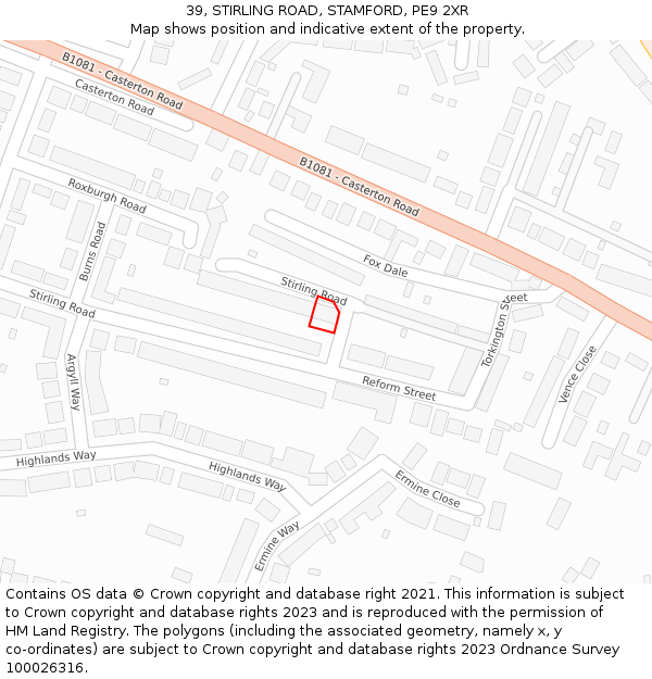 39, STIRLING ROAD, STAMFORD, PE9 2XR: Location map and indicative extent of plot