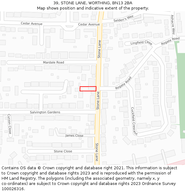 39, STONE LANE, WORTHING, BN13 2BA: Location map and indicative extent of plot