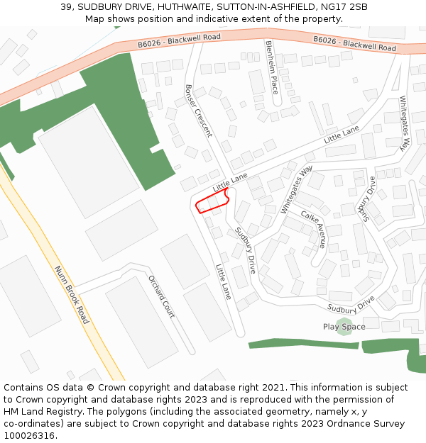39, SUDBURY DRIVE, HUTHWAITE, SUTTON-IN-ASHFIELD, NG17 2SB: Location map and indicative extent of plot