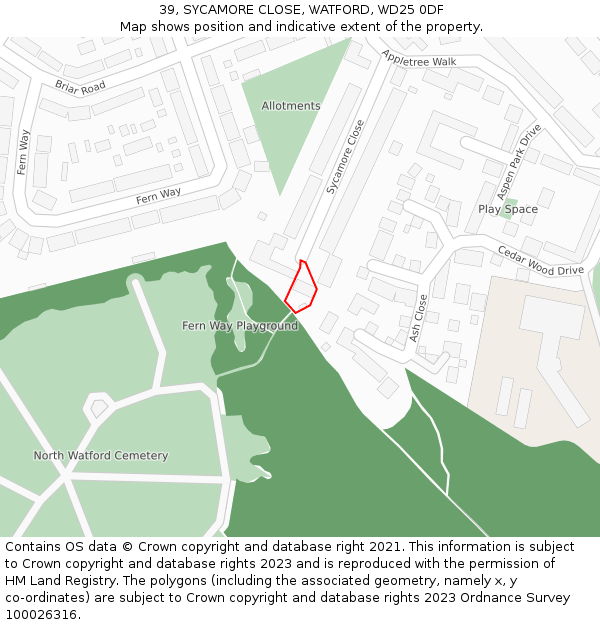 39, SYCAMORE CLOSE, WATFORD, WD25 0DF: Location map and indicative extent of plot