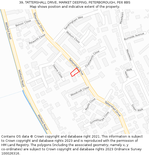 39, TATTERSHALL DRIVE, MARKET DEEPING, PETERBOROUGH, PE6 8BS: Location map and indicative extent of plot