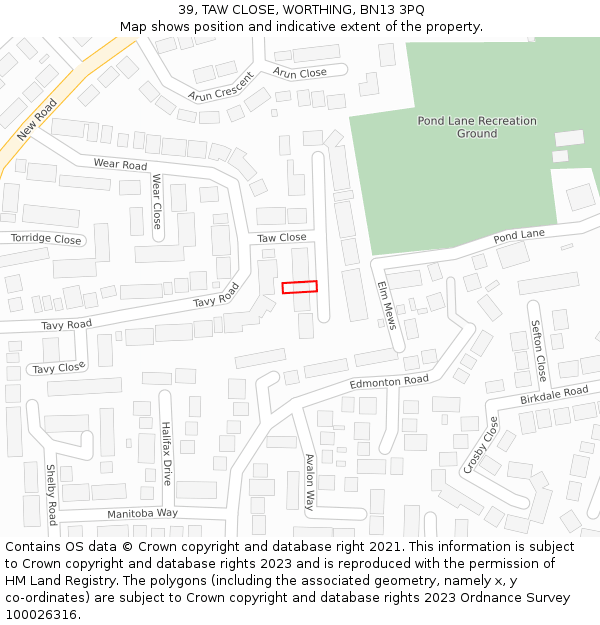 39, TAW CLOSE, WORTHING, BN13 3PQ: Location map and indicative extent of plot