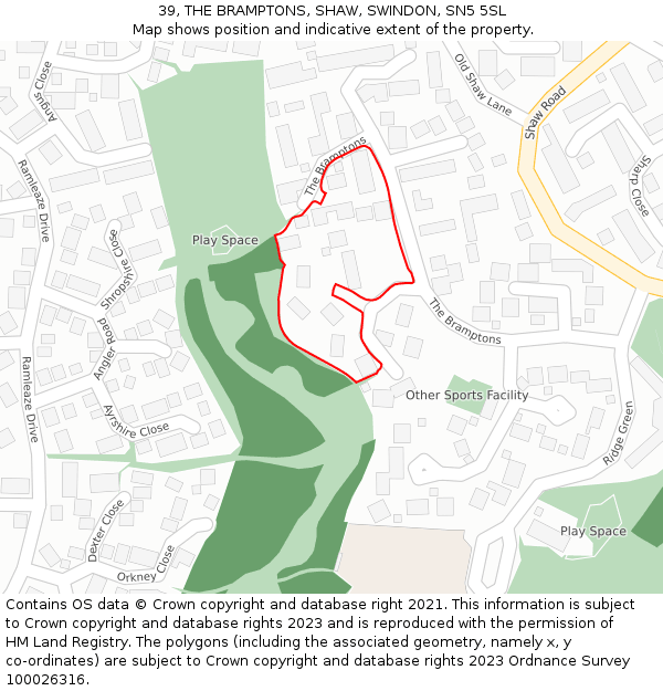 39, THE BRAMPTONS, SHAW, SWINDON, SN5 5SL: Location map and indicative extent of plot