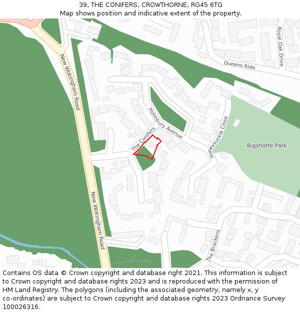 39, THE CONIFERS, CROWTHORNE, RG45 6TG: Location map and indicative extent of plot