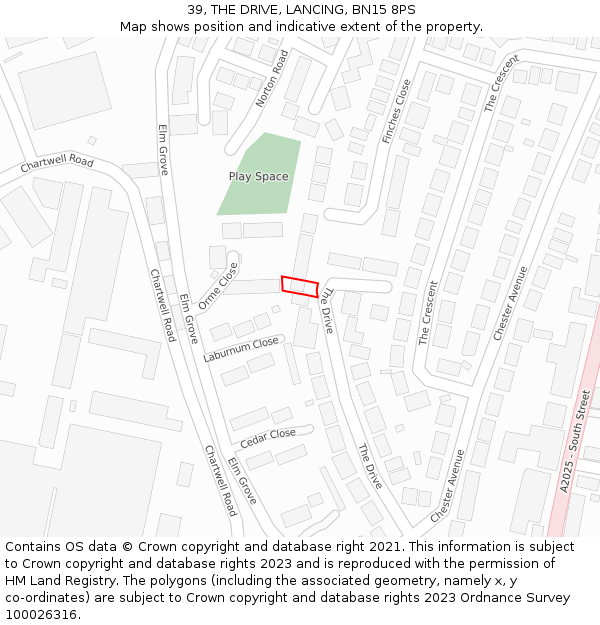 39, THE DRIVE, LANCING, BN15 8PS: Location map and indicative extent of plot