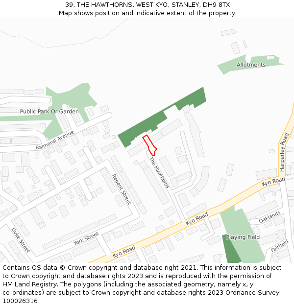 39, THE HAWTHORNS, WEST KYO, STANLEY, DH9 8TX: Location map and indicative extent of plot