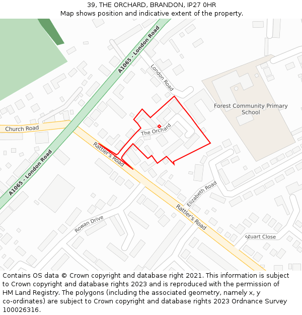 39, THE ORCHARD, BRANDON, IP27 0HR: Location map and indicative extent of plot