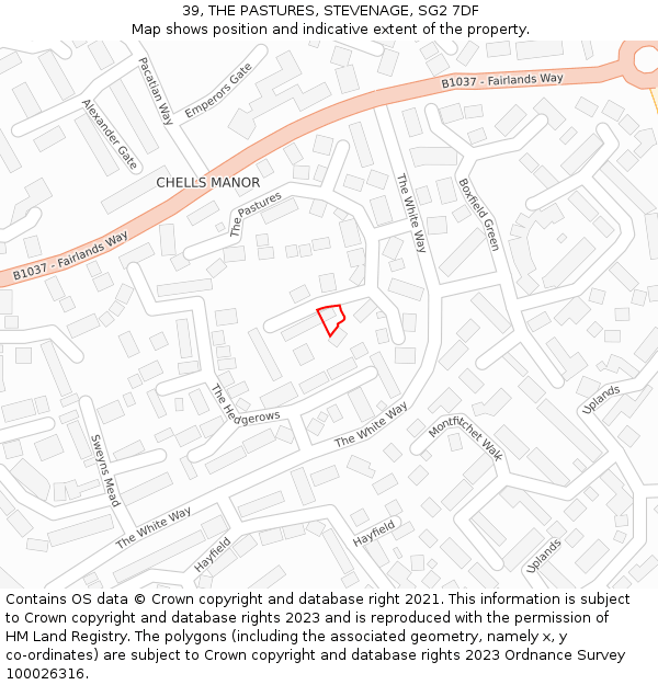 39, THE PASTURES, STEVENAGE, SG2 7DF: Location map and indicative extent of plot