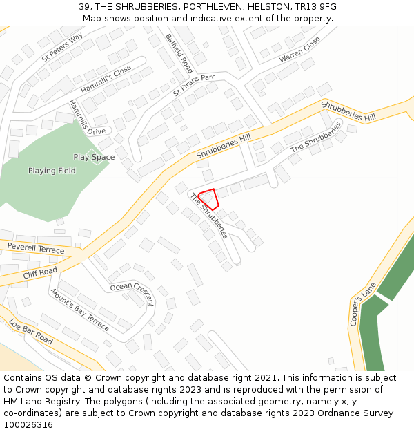 39, THE SHRUBBERIES, PORTHLEVEN, HELSTON, TR13 9FG: Location map and indicative extent of plot