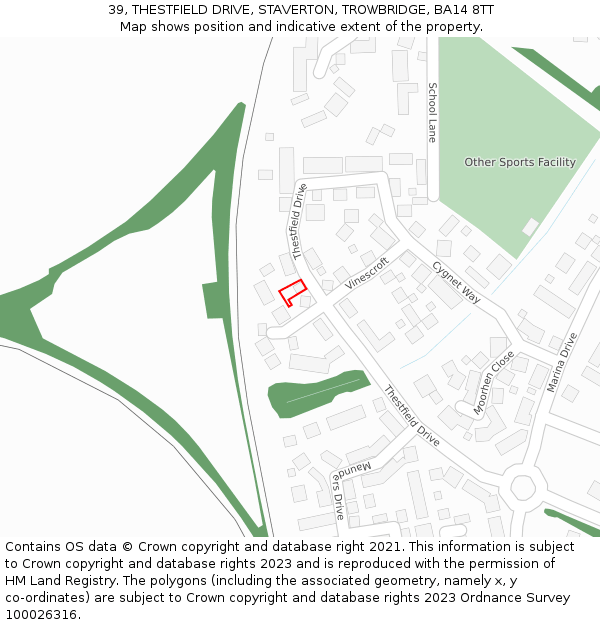 39, THESTFIELD DRIVE, STAVERTON, TROWBRIDGE, BA14 8TT: Location map and indicative extent of plot
