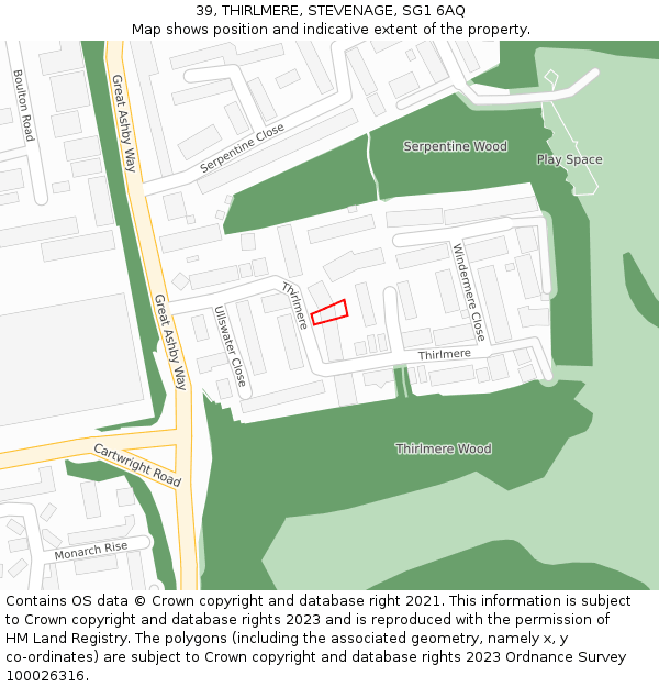 39, THIRLMERE, STEVENAGE, SG1 6AQ: Location map and indicative extent of plot